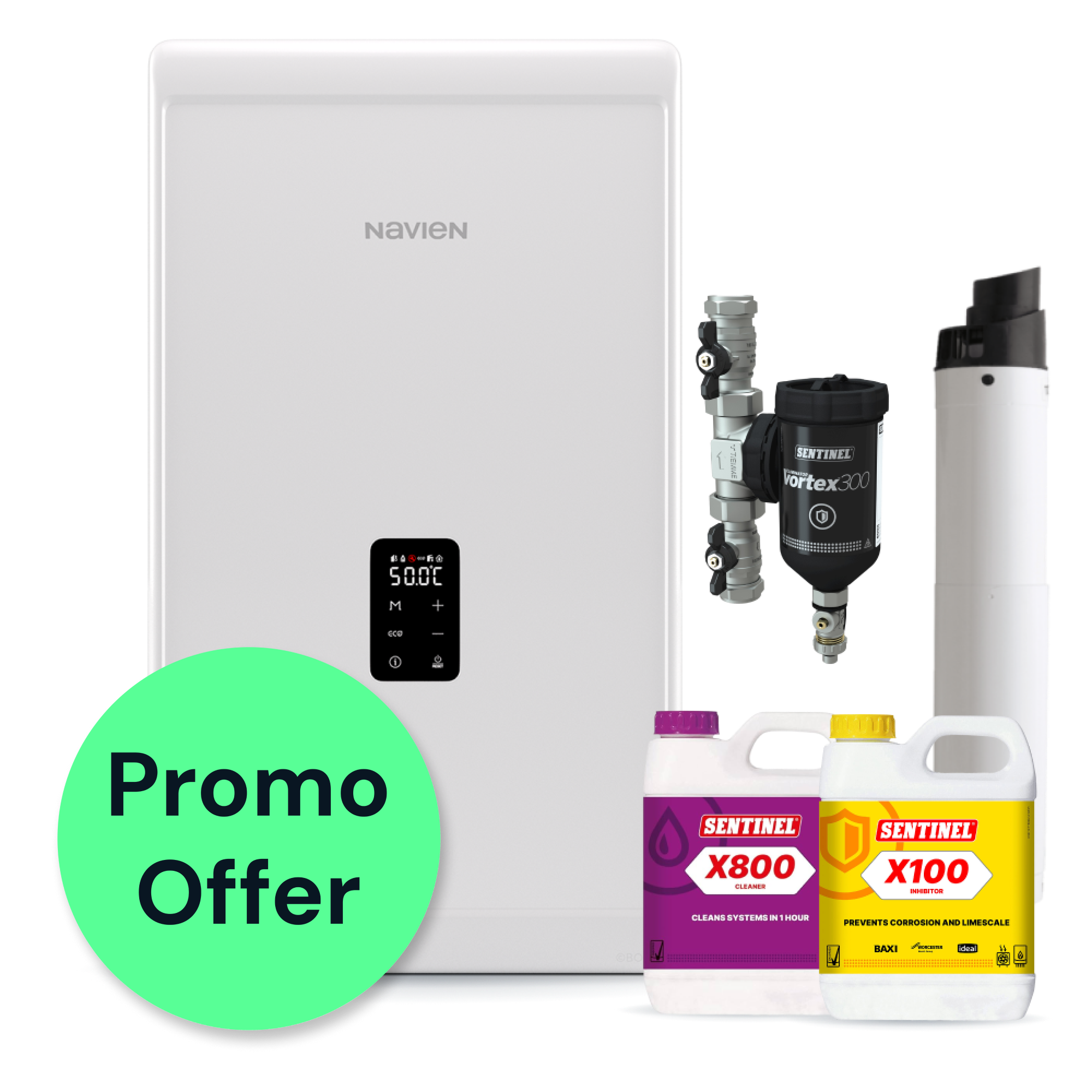 Navien NCB 300 30kw Combi, Horizontal Flue, Filter & Chemicals Pack