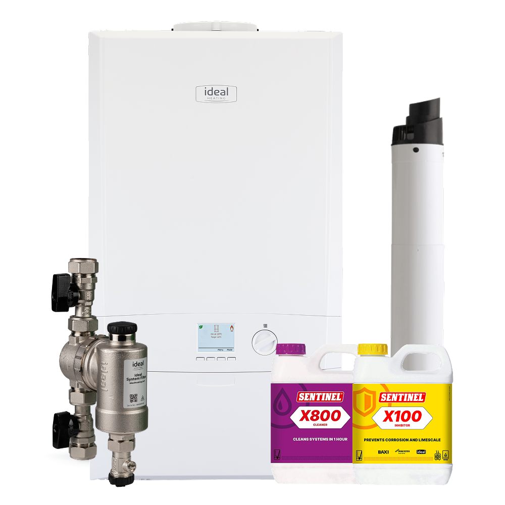 Ideal Logic2 MAX 24kw with Ideal system filter (Gas Combi), Horizontal Flue, Filter (Included in boiler box) & Chemicals