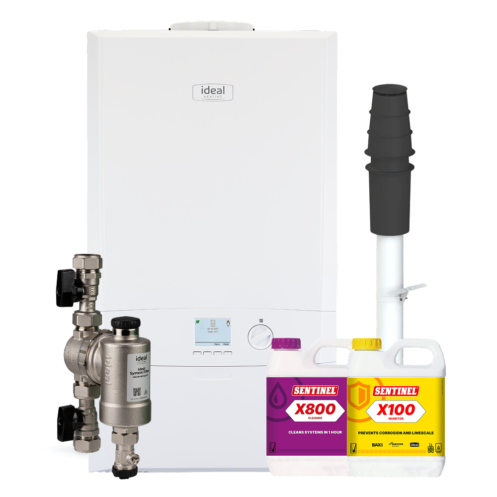 Ideal Logic2 MAX 30kw with Ideal system filter (Gas Combi), Vertical Flue, Filter (Included in boiler box) & Chemicals