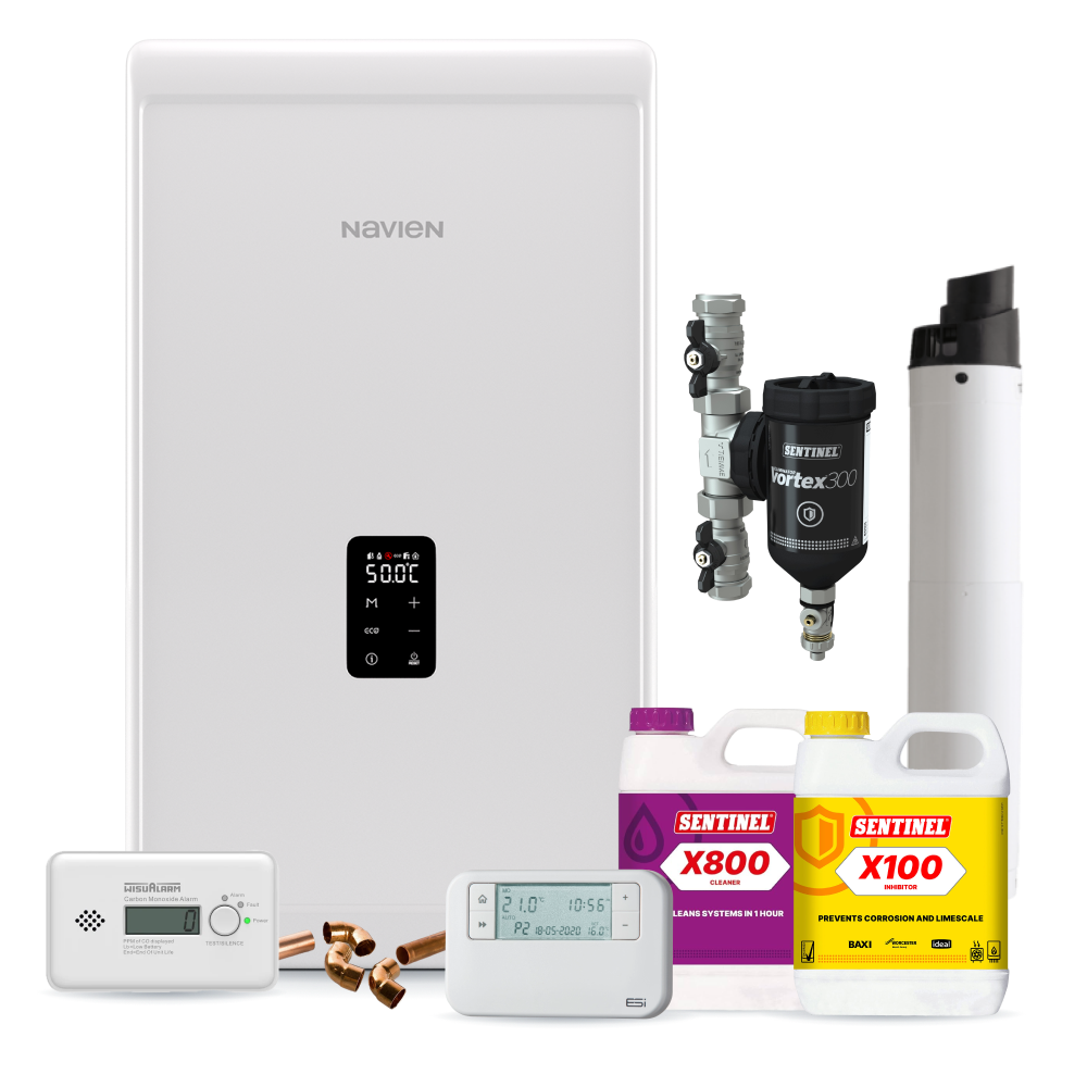 Navien NCB 300 30kw Combi Pack inc Flue, Filter, chemicals, controls, CO Alarm and fittings pack