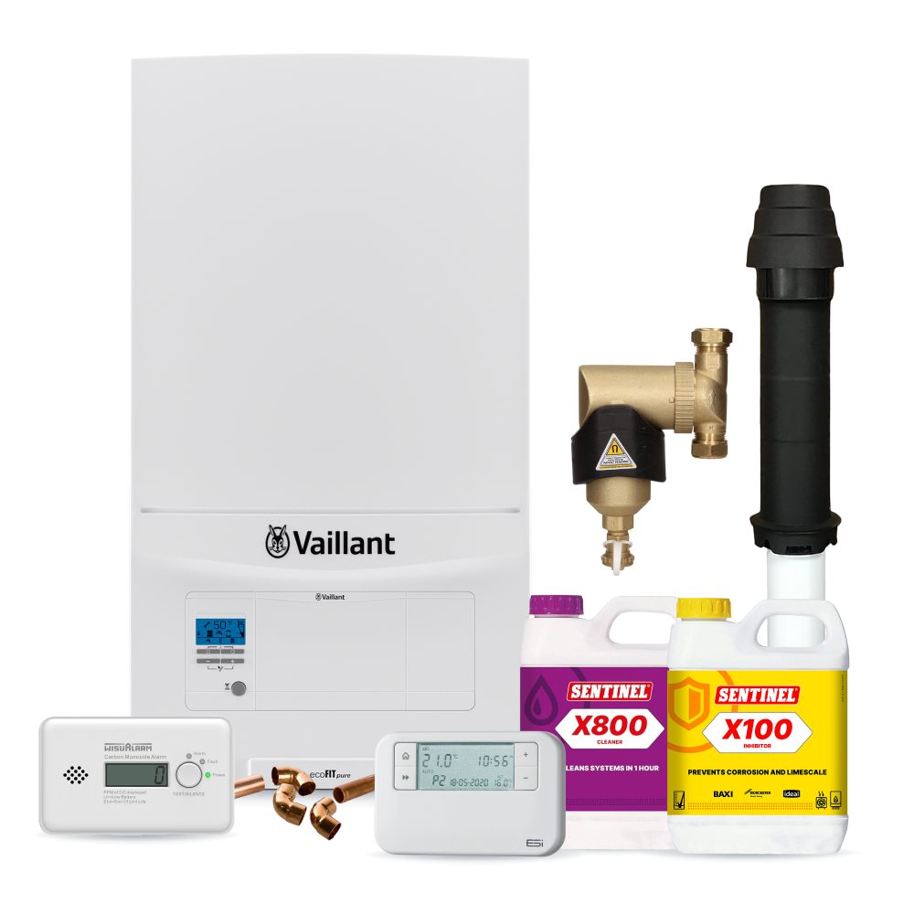 Vaillant ecoFIT Pure 825 25kw Combi Pack inc Vertical Flue, Filter, chemicals, controls, CO Alarm and fittings pack
