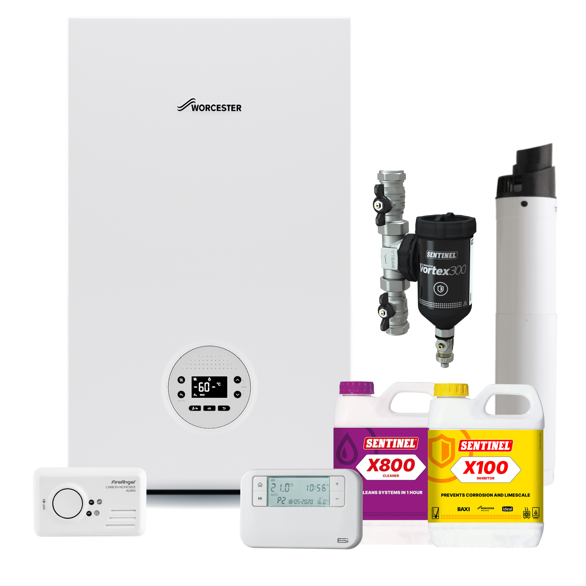Worcester Bosch Greenstar 1000 30kw Combi Pack inc Flue, Filter, chemicals, controls, CO Alarm and fittings pack