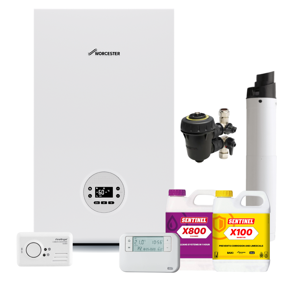 Worcester Bosch Greenstar 1000 24kw Combi Pack inc Flue, Filter, chemicals, controls, CO Alarm and fittings pack