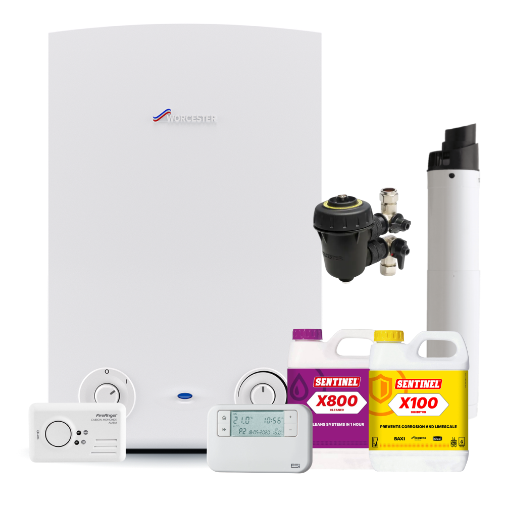 Worcester Bosch Standard Greenstar 15Ri Pack inc Flue, Filter, chemicals, controls, CO Alarm and fittings pack