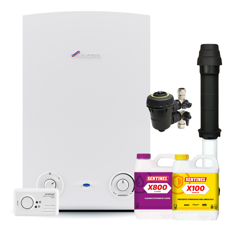 Worcester Bosch Standard Greenstar 15Ri Pack inc Vertical Flue, Filter, chemicals, CO Alarm and fittings pack