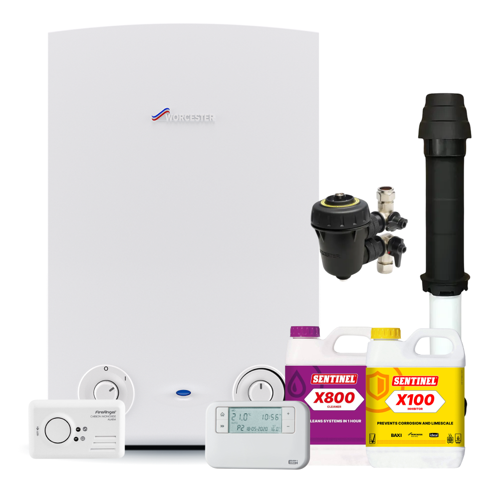 Worcester Bosch Standard Greenstar 15Ri Pack inc Vertical Flue, Filter, chemicals, controls, CO Alarm and fittings pack