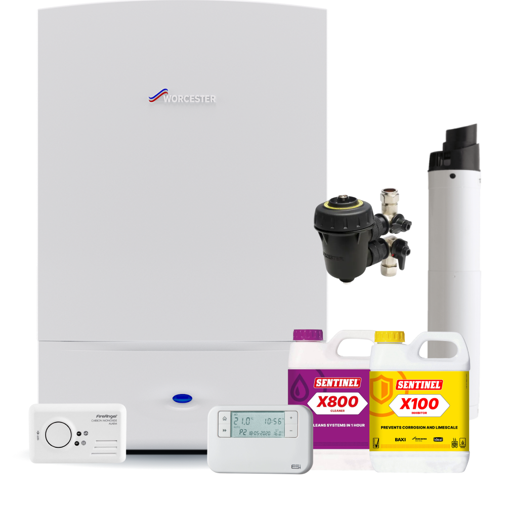 Worcester Bosch Standard Greenstar 30Ri Pack inc Flue, Filter, chemicals, controls, CO Alarm and fittings pack