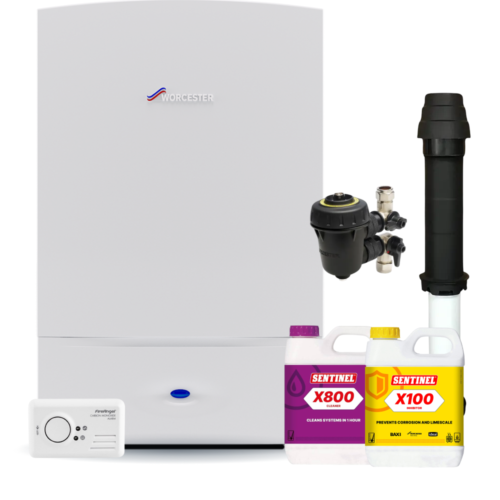 Worcester Bosch Standard Greenstar 30Ri Pack inc Vertical Flue, Filter, chemicals, CO Alarm and fittings pack