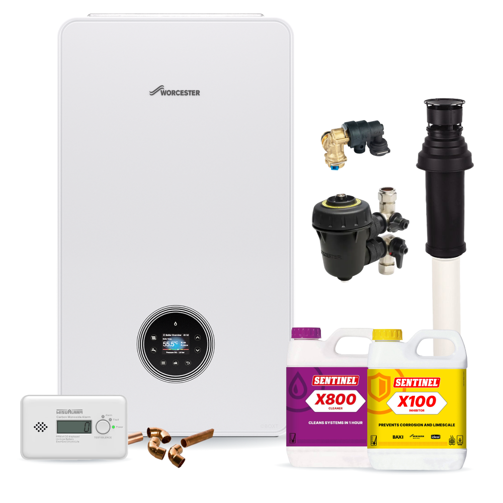 Worcester Bosch Greenstar 4000 Life 12kw System Pack inc Vertical Flue, Filter, chemicals, CO Alarm and fittings pack