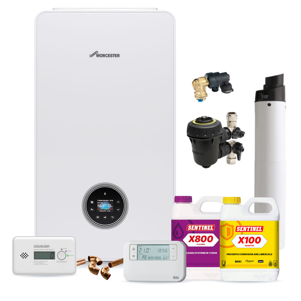 Worcester Bosch Greenstar 4000 25kw Combi Pack inc Flue, Filter, chemicals, controls, CO Alarm and fittings pack
