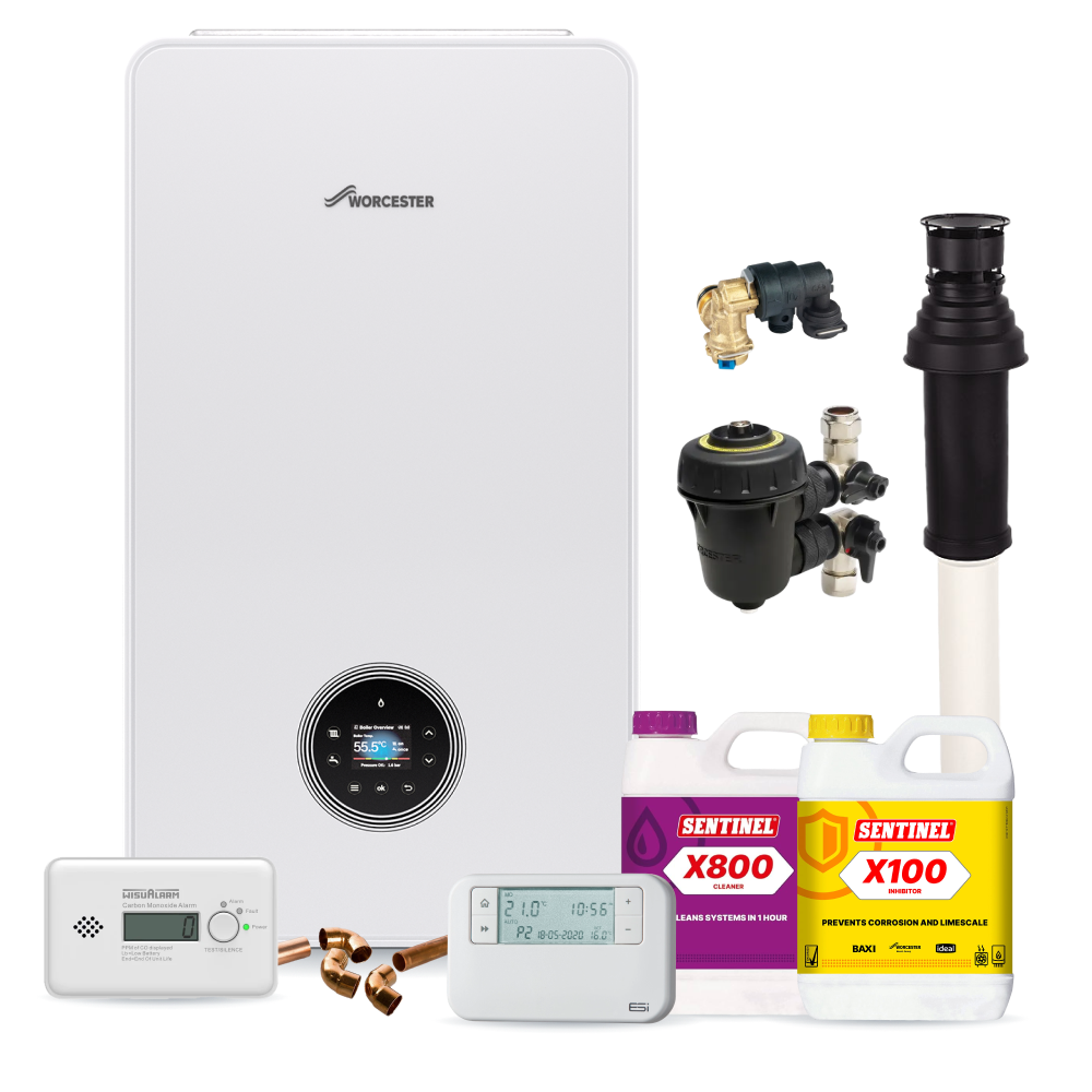 Worcester Bosch Greenstar 4000 30kW Vertical Flue Pack, Filter, chemicals, controls, CO Alarm and fittings pack